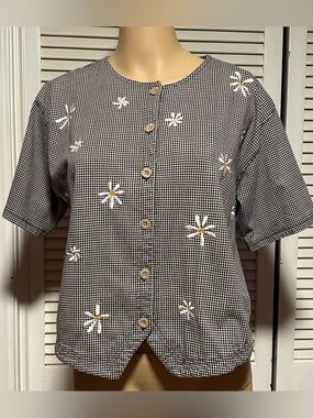 Chaus Sport Blouse Black White Checkered Floral Short Sleeve Button Up Top L